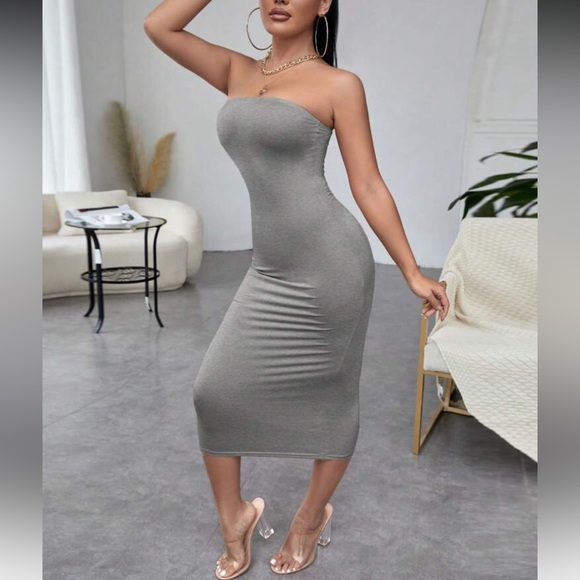 Elegant Gray Strapless Midi Dress - Picture 3 of 14